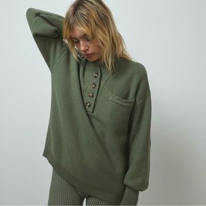 Lunya Cozy Cotton Silk Pocket Henley in Humble Green
